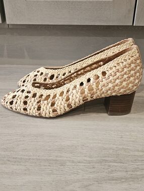 Sezane Anya Mid-Heel Raffia and Leather Heels 37 / 6.5